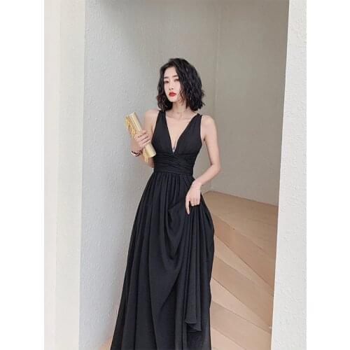 Sexy Black Evening Dress Deep V-neck 2020 New Fashion Spaghetti Strap Backless Prom Dresses a Line Floor Length Party Dress