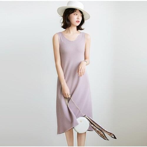 Knitted Sleeveless Dress Women Summer Bottoming Vest Dress Womens Suspenders Casual Temperament Big Swing Vestidos Mujer Q269