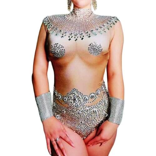 Party Sexy Bodysuit Rhinestones Sequins Backless Sleeveless Bodycon Shiny Costume For Women Nightclub Outfit Stage Wear Lady