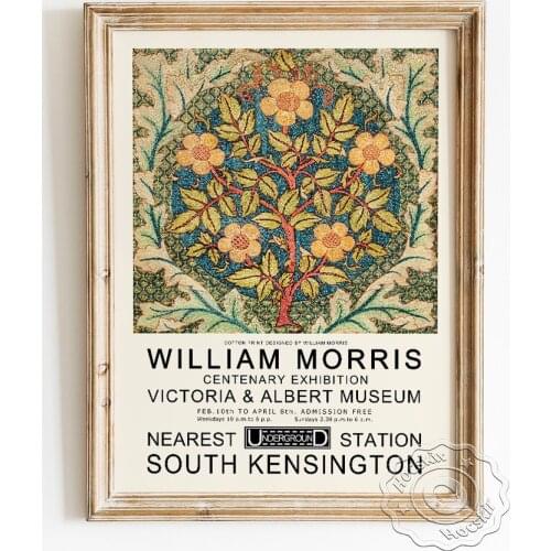 William Morris Exhibition Museum Retro Poster, Rose Wreath Fabrics Pattern Wall Stickers, Vintage Flower Home Decor Art Prints