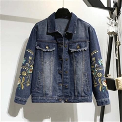 Plus 5XL 2019 new denim spring large size womens loose long-sleeved embroidered blue denim lapel high quality female jacket W76