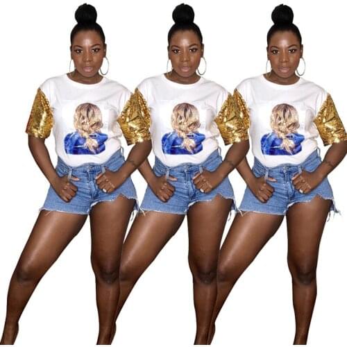 Female T-shirt Women Tops Summer Short Sleeve Golden Sequins T-Shirts O-Neck Cotton Loose Casual Tshirts Ladies Tee Shirt Wihte