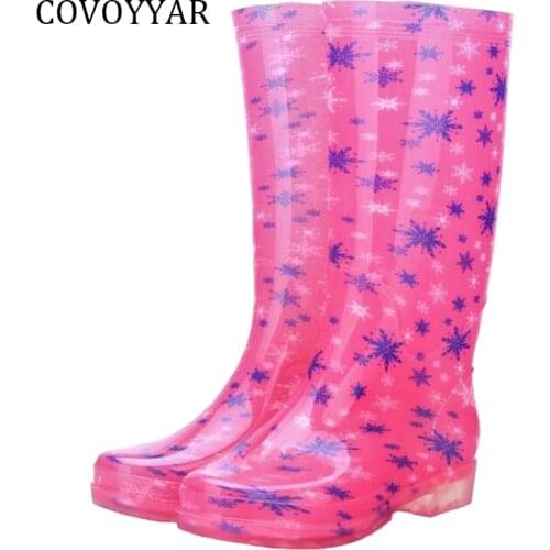 COVOYYAR Low Heel Rubber Rain Boots 2019 Waterproof Trendy Jelly Women Knee High Boots Snowflake Print Water Shoes Women WBS834