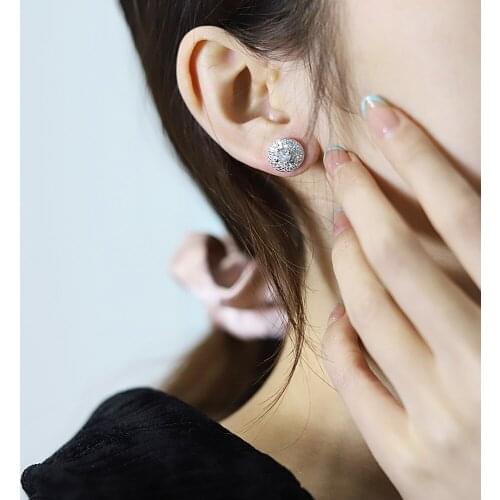 Female Luxury Crystal Round Stud Earrings Vintage Silver Color Wedding Jewelry White Zircon Stone Earrings for Women