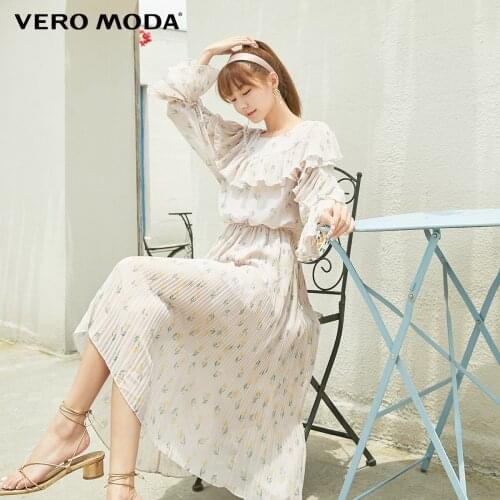 Vero Moda Womens Vintage Floral Ruffled Print Round Neckline Pleated Long Dress | 31937C527