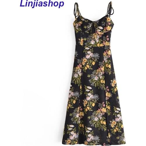 Vintage Lemon Print Sexy Sling Chiffon Dress Women Slits A-line Summer Prairie Chic Midi Dress Ladies Holiday Vestido