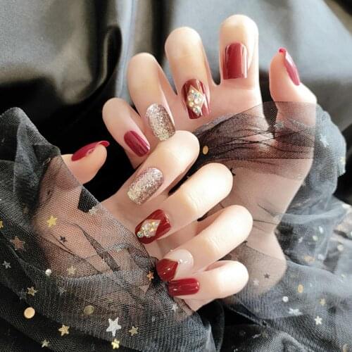 24pcs artificial nails with glue Wine red diamond Flash powder wear finished nail tablet False nail removable Manicure TY