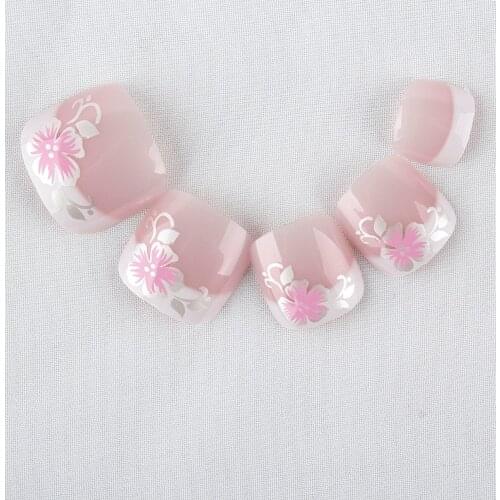 24pcs False Toe Nail Tips Full Cover French Fake Nails Medium Pre-designed Flower Pattern Toe Artificial Nail Art Toenails