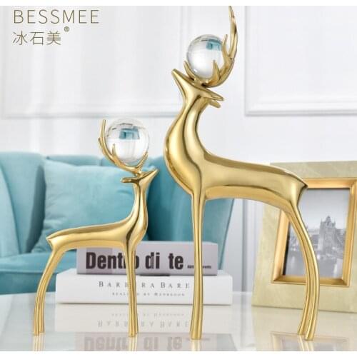 HOME DECORATION ACCESSORIES MODERN ORNAMENT FINE COPPER DEER WITH CRYSTAL FENG SHUI HANDCRAFTED PURE HANDMADE COPPER ELK