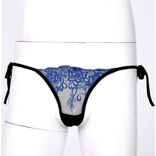 Breathable Men Lace G-String Underwear Exotic Seamless See-Through Mesh Embroidered Thongs Low Waist Lace-Up Sissy Underpants