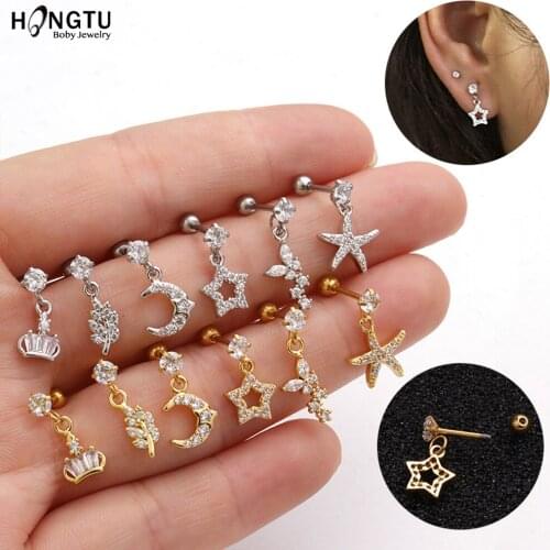 HONGTU 1Pc Copper Inlaid Zircon Cartilage Earrings Helix Screw Back Earring Stud Steel Tragus Rook Conch Piercing Jewelry 20g