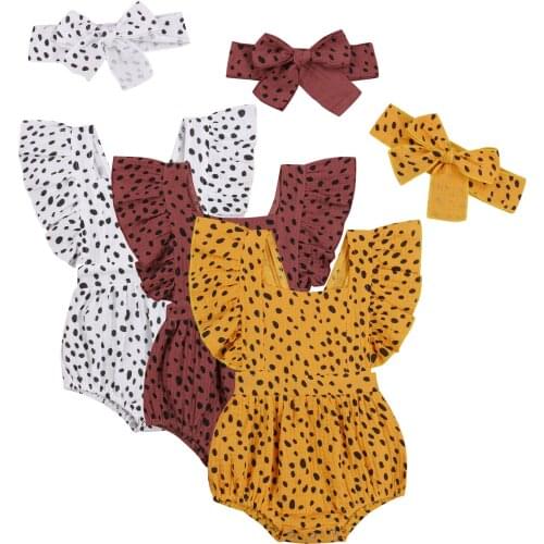 0-18M Infant Newborn Baby Girls Leopard Ruffled Sleeve Bodysuits With Headband Summer Dots Jumpsuits Fashion Pudcoco Outfits
