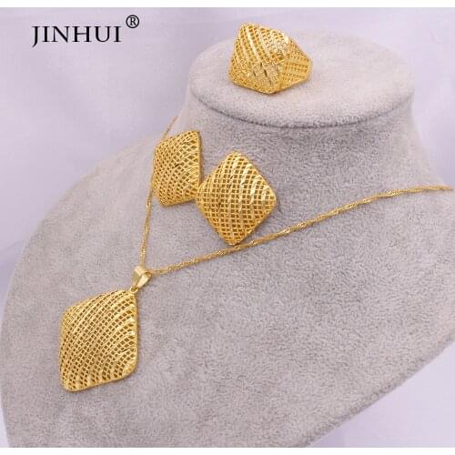 Luxury 24K gold color jewelry sets Dubai for women African India party wedding necklace pendant earrings ring jewellery set gift