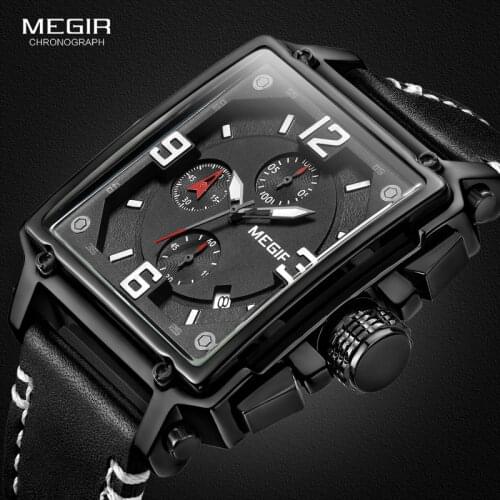 MEGIR Mens Sports Chronograph Wrist Watch for Men Army Leather Square Quartz Stop Watch Clock Man Relogios Masculino 2061Black