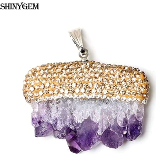 Micro Inlay Zircon Natural Amethysts Pendants DIY Jewelry Making Raw Purple Crystal Quartz Stone For Women Necklace Bracelet