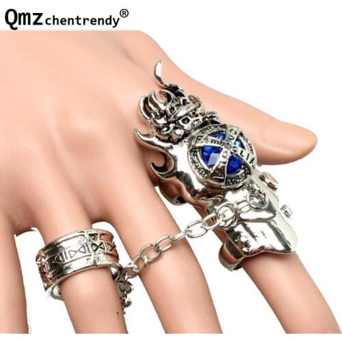 Newest Hip Hop Women Men Blue gold Red Round Stone Double Finger Rings Punk Jewelry