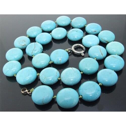 New Arriver Turquoises Necklace 15MM Coin Blue Turquoises Knotted Gem-stone Beads Necklace Handmade Jewelry Perfect Women Gift