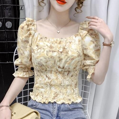 New Fashion Vintage Summer Blouses Womens 2021 Casual Floral Printed Sexy Crop Tops Ladies Korean Short Puff Sleeve Blouse Slim