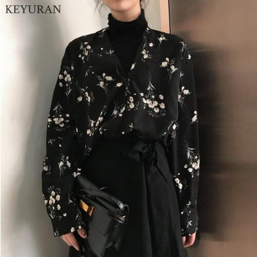 Autumn 2021 New Flower Print Chiffon Korean Blusas Vintage Elegant Female Blouse V-Neck Long Sleeve Floral Casual Mujer Shirts