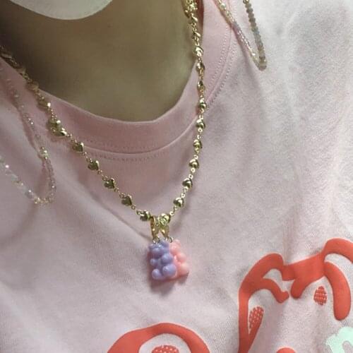 Lovely Colorful Resin Bears Zircon Pendant Chain Necklaces for Women Girl Creative Heart Metal Clavicle Chain Necklace Jewellery