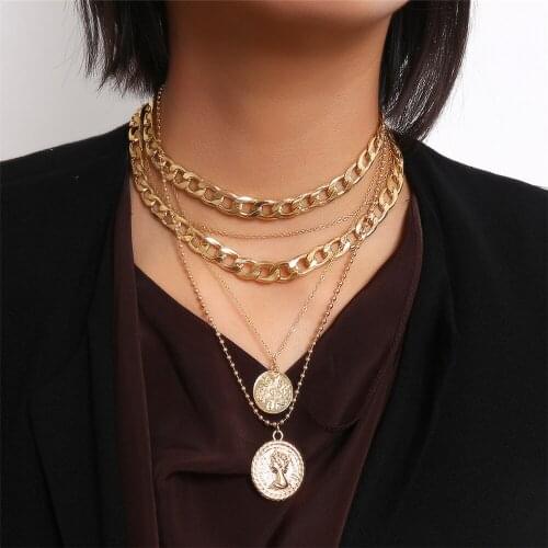 Gothic Carved Coin Virgin Mary Pendant Necklace for Women Vintage Multilayer Thick Chain Choker Necklace Statement Jewelry Gift