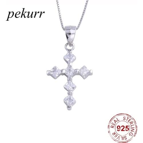 Pekurr 925 Sterling Silver 6 Zircon Gems Link Cross Female Pendants Big Cross Necklaces For Women Christ Fashion Jewelry Gifts