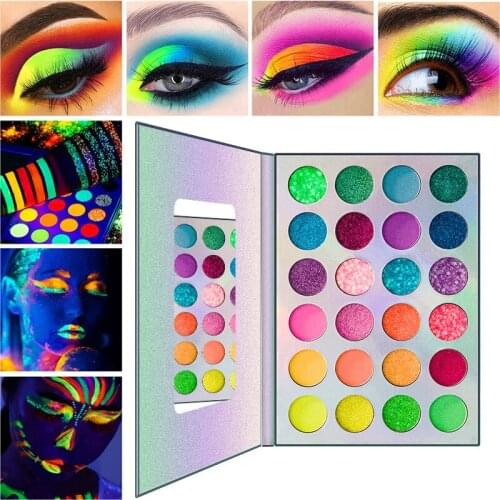 New Arrival Fashion 24 Colors Fluorescent Eyeshadow Palette Glitter Eye Pressed Powder Glow in Dark for Halloween 3 Pcs/lot