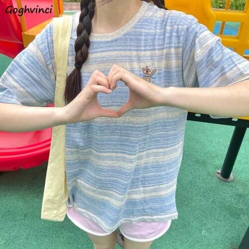 Striped Cartoon Embroidery Cute T-shirts Women Loose Short Sleeve Students Cotton Tees Korean Style All-match Leisure Tops Chic