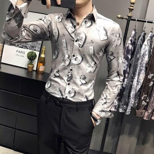 British Style Handsome Fashion Mens Shirts Button Down Slim Fit Long Sleeve printing Shirts Business Formal Wear Chemise Homme