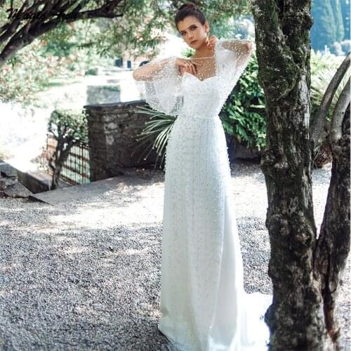 Magic Awn Gorgeous Boho Wedding Dresses Pearl Beaded Puff Sleeves Illusion Beach A-Line Princess Wedding Party Gowns Robe Mariee