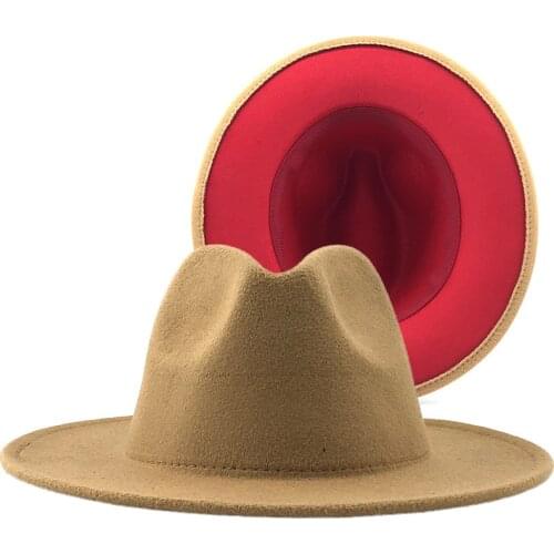 Trend Tan With Red Bottom Patchwork Plain Wool Felt Jazz Fedora Hats Men Women Wide Brim Panama Trilby Cowboy Cap For Party