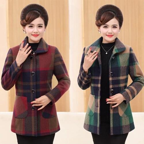 Middle-aged Womens Spring Plaid Woolen Coat Female Temperament Slim Mother Clothing Casual Elegant Lapel Wool Coat Spring E130