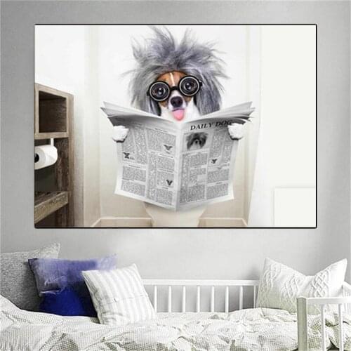 Vividly anthropomorphic Dog Reading Newspaper Cavans Painting Animal Toilet PostersWall Art Picture for Bathroom Home Cuadros
