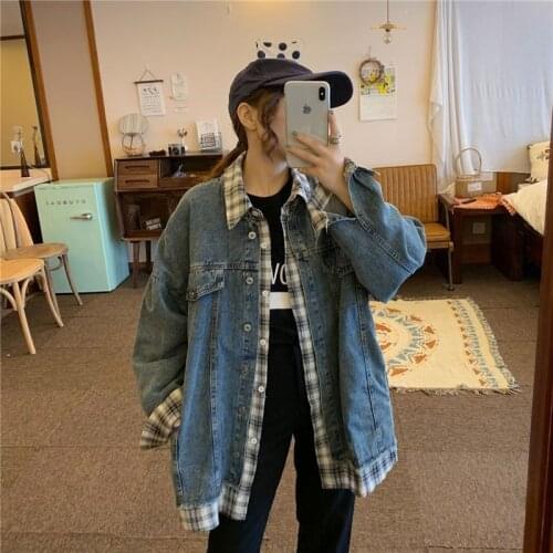 Womens Jacket Fake Two-piece Plaid Denim Jacket, Womens Autumn Loose and Versatile Denim Jacket Jacket Jeans Jacket Women 2020