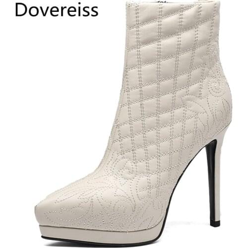 Dovereiss Fashion Womens Shoes Winter Sexy Pointed Toe Genuine Leather Platform Zipper Beige Mature Ankle Boots