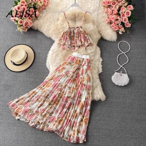 Women Pleated Two Piece Sets Summer Sweet Floral Crop Tops and A Line Skirts Boho Outfits Woman Chiffon 2 Pcs Suits Clothing