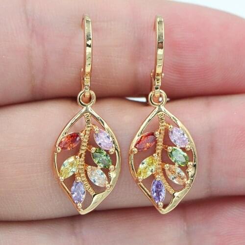 Wholesale 18K Yellow Gold Filled Multicolor Rhinestone Earrings Fashion Women Leaf Dangle Earrings Jewelry