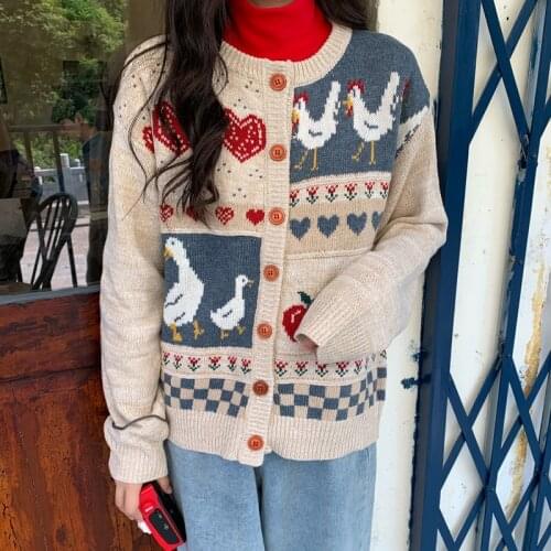Women Knitted Cardigan Outwear Japan Style Sweet Duck and Apple Jacquard Sweater Cardigan Harajuku Mori Girl Retro Jacket Coat