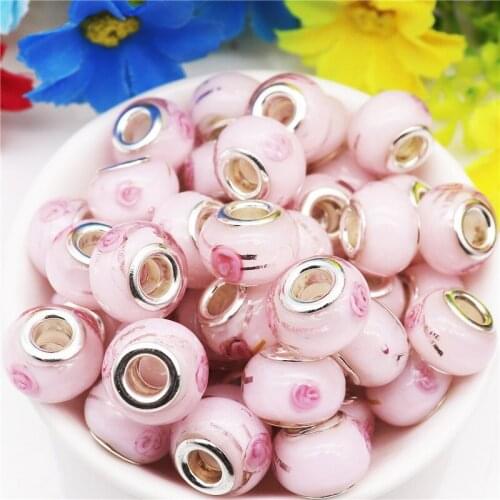 10Pcs Pink Flower Glass Crystal Big Hole European Beads Fit Pandora Bracelet Snake Chain Pendant Necklace for Jewelry Making
