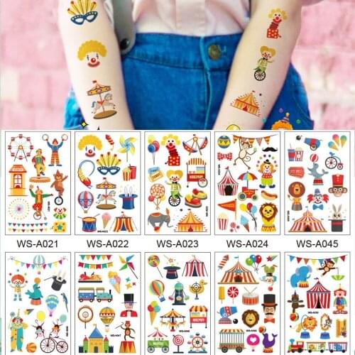 10 Kinds Circus Troup Tattoos Waterproof Disposable Face Makeup Stickers Happy Clown Tent Acrobatics Balloon Temporary Body Art