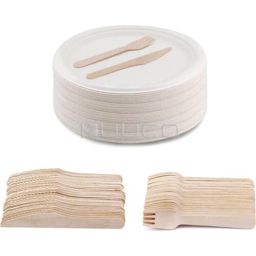 150 PCS Disposable Dinnerware/Biodegradable Cutlery Set/Disposable Tableware for Party BBQ etc (50 Knives 50 Forks 50 Plates)