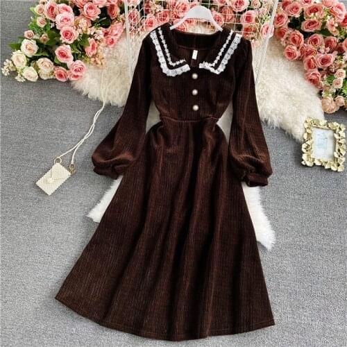 2021 Spring Autumn New Arrival High Quality Retro Doll collar Long Sleeve Woman Long Corduroy Dress Black coffee