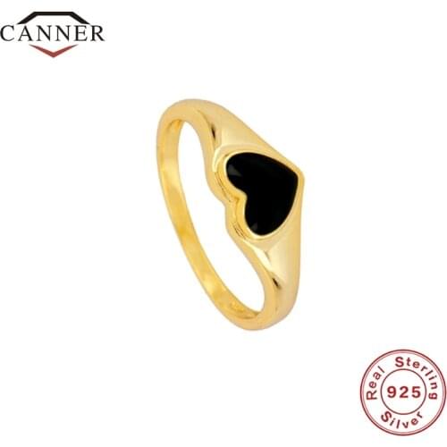 CANNER Real 925 Sterling Silver INS Fashion Rings for Women Niche Design Black Zircon Heart-shaped Ring Jewelry anillos mujer