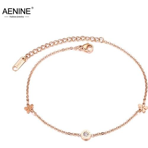 AENINE Titanium Steel Bohemia Beach Chain Link Anklets For Women Girls Trendy Roman Numerals Flower Charm Anklet Jewelry AA19045