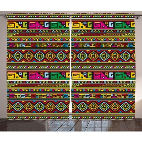 Colorful Tribal Shapes Curtains Rainbow Toned Forms Satin Fabric Drapes for Living Room Bedroom 2 Panel Window Set