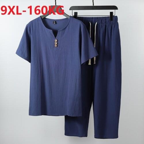 Men v-neck T-shirt short sleeve and pants linen cotton casual homewear Chinese style big size 8XL 9XL Breathable Tang suit tees