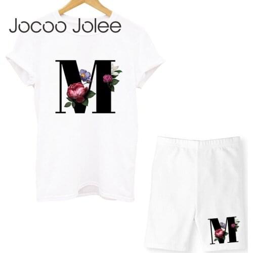Jocoo Jolee Women Summer Casual Solid Two Pieces Set Printing Letter T-Shirts And Shorts Short Sleeve O-Neck Joggers Biker