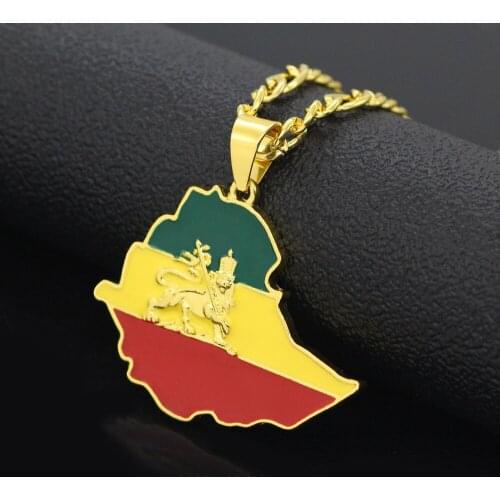 WEIYU Ethiopian Flag & Lion Map Pendant Necklaces Chain Women Men Gold Color Jewelry Africa Ethiopia lion Necklace Maps