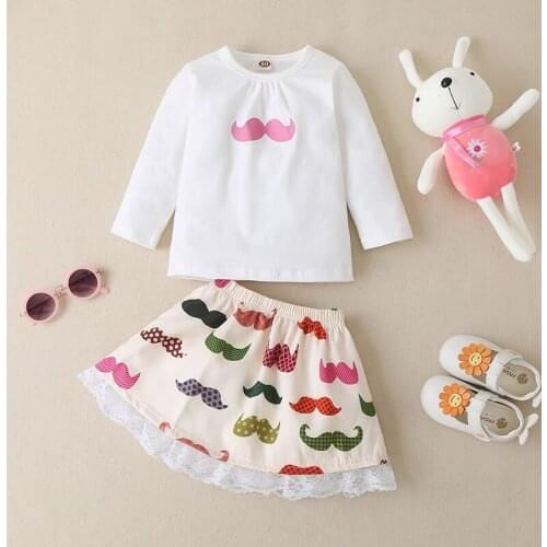 Girls Two-Piece Suit Mustache Pattern Long-Sleeved Top And Colorful Mustache Pattern Skirt Girls Skirt Suit