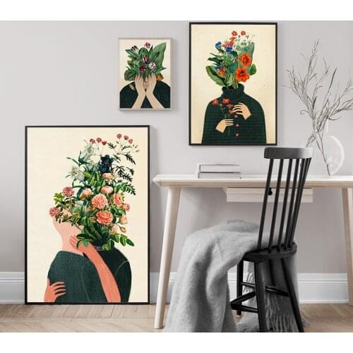 5D DIY Poured Glue Diamond Painting Kits Scalloepd Edge Vintage Abstract Girl Flower Leaf Wall Art Canvas Nordic Room Decoration